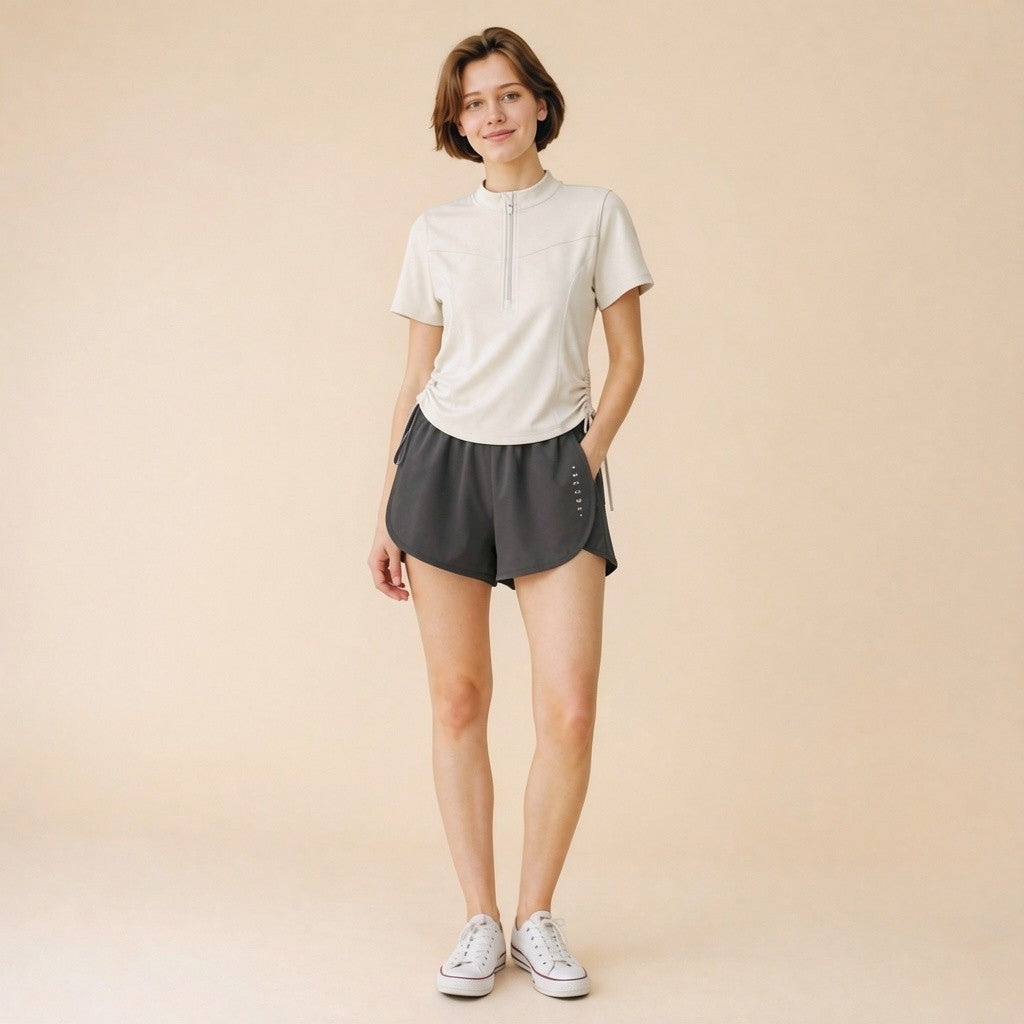 2-in-1 running shorts, side profile with curved hem